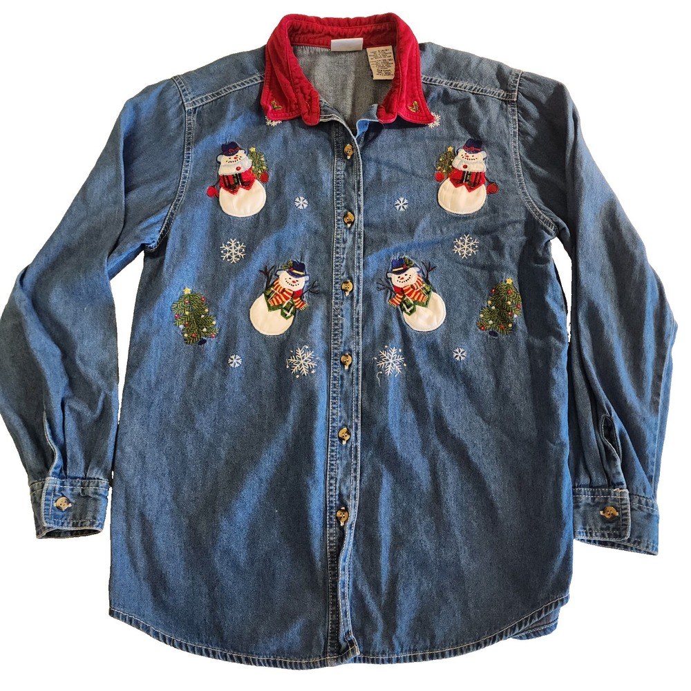 VTG Bobbie Brooks Embroidered Denim Christmas Snowman Button Down Shirt Holiday